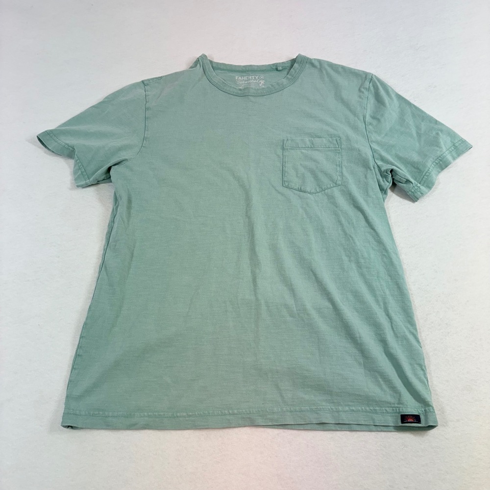 Faherty Pocket Tee Mens M Green Sunwashed Organic Cotton Slub T-Shirt Casual